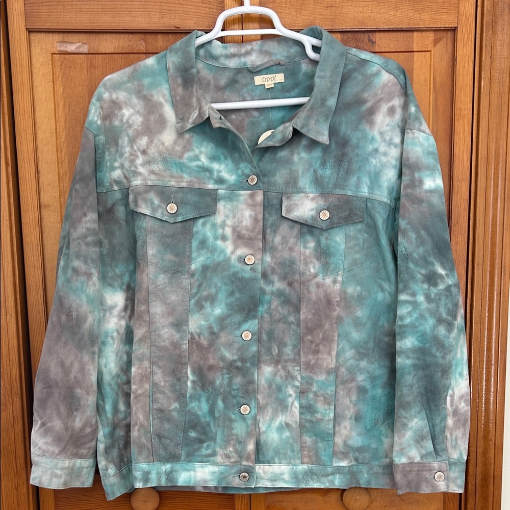 Oddy Teal Gray Tie‑Dye Distressed Denim Jacket Plus 2X/3X NWT